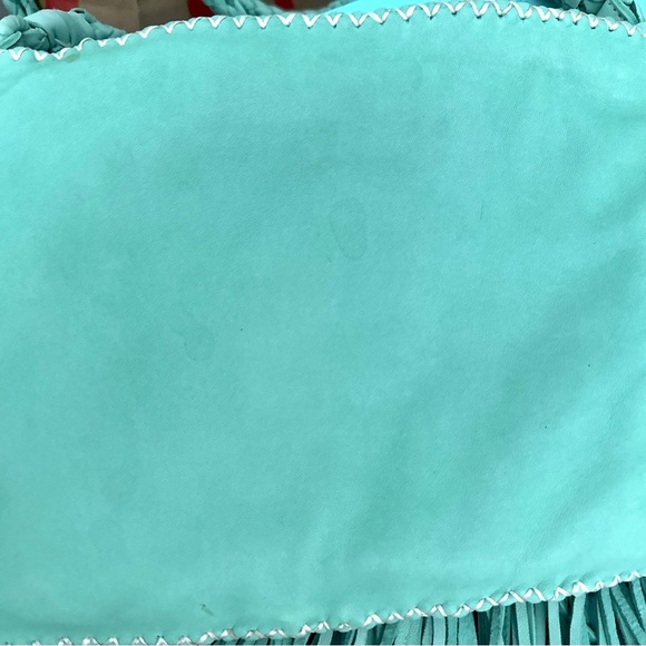 En Shalla Buttery-Soft Aqua Leather Embroidered Boho Handbag w/Fringe - Picture 5 of 6